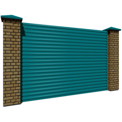 Секция забора жалюзи из ламелей еврожалюзи RAL5021 Морская Волна с кирпичными столбами