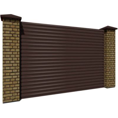 Секция забора жалюзи из ламелей еврожалюзи RAL8017 Коричневый Шоколад с кирпичными столбами